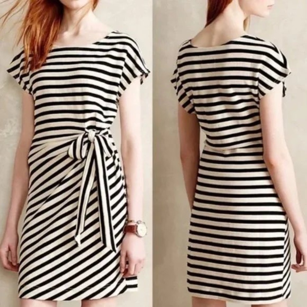 Anthropologie Saturday Sunday Womens Dress Small Black White Stripe Waist Tie